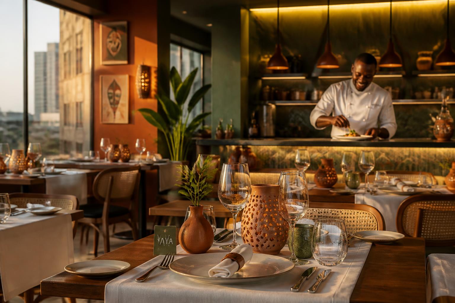 Restaurant moderne à Abidjan : tables élégamment dressées et chef en pleine création